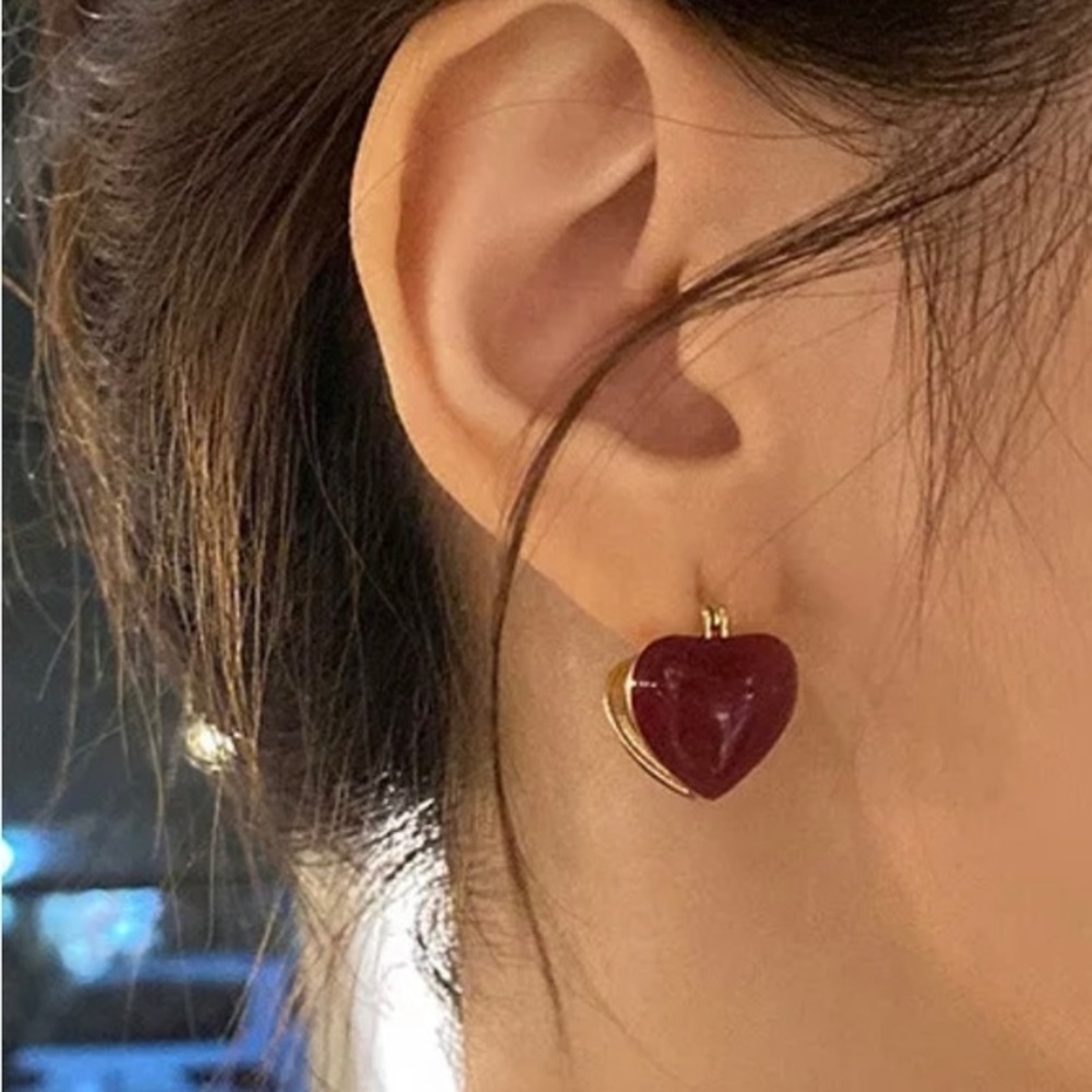 18k Gold Plated Red French Girl Heart Earrings